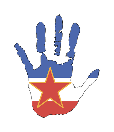 blue, white, red color of the flag with a star. vector handprint in the form of the flag of Yougoslavie.のイラスト素材