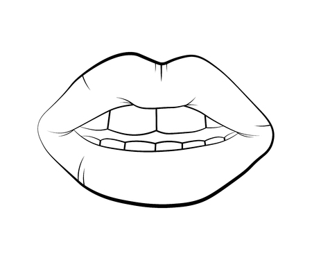 Woman's lips drawing. Vector lip symbol isolated on white background. kiss black lip contour. linear icon illustration.のイラスト素材