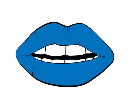 Woman's blue lips drawing. Vector lip symbol isolated on white background. kiss black lip contour. linear icon illustration.のイラスト素材
