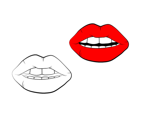 Woman's lips drawing. Vector lip symbol isolated on white background. kiss black lip contour. linear icon illustration.のイラスト素材
