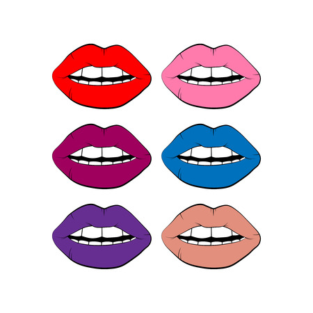 set of vector lip symbol isolated on white background. Woman's multicolored lips drawing. linear icon illustration.のイラスト素材