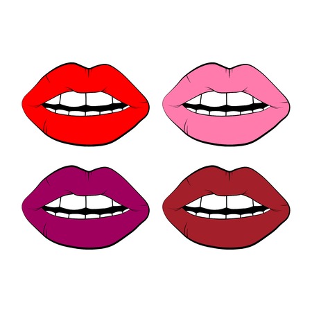 set of vector lip symbol isolated on white background. Woman's lips drawing. linear icon illustration.のイラスト素材