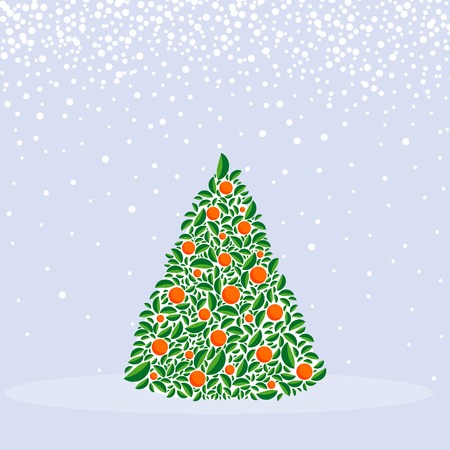 Vector christmas green tree with orange balls. Cartoon greeting card, festive poster or party invitations. Christmas and New year. Winter background with snowflakes.のイラスト素材