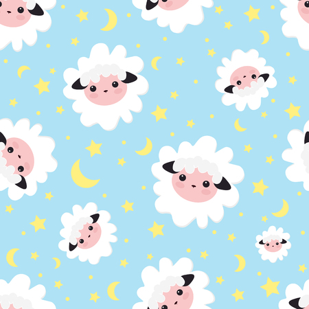 Sleeping dreams pattern. vector illustration seamless sheep animal. pattern for girls with cute sheep in the starry sky . Textile design, wallpapers, backgrounds and prints, packagingのイラスト素材