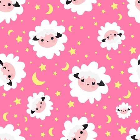 Sleeping dreams pattern. vector illustration seamless sheep animal. pattern for girls with cute sheep in the starry sky . Textile design, wallpapers, backgrounds and prints, packagingのイラスト素材