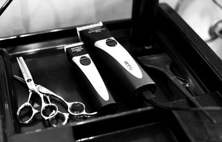 clipper and shaving machine, scissors, hairdryer, spray. beauty saloon tools for haircutsの写真素材