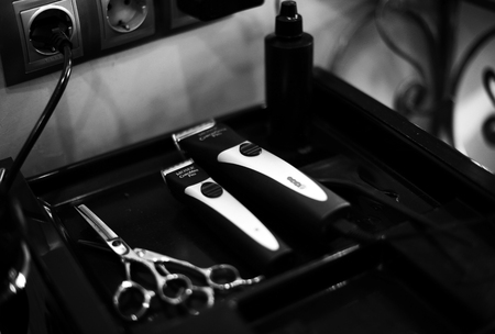 clipper and shaving machine, scissors, hairdryer, spray. beauty saloon tools for haircutsの写真素材