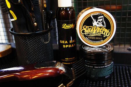 pomade strong firme hold. trendy barbershop styling. gel for male styling - SuaVecito, hairgum, ducky.のeditorial素材