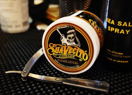 trendy barbershop styling. gel for male styling - SuaVecito. SuaVecito pomade strong firme hold.のeditorial素材