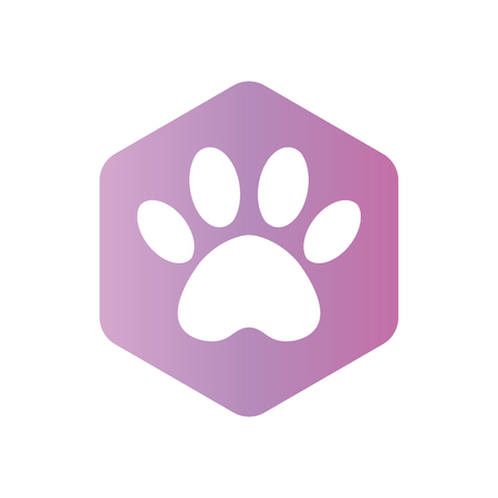 animal footprint hexagonal. violet vector hexagon shape icon with the animals. Cat paw icons isolated.のイラスト素材