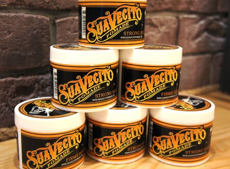 trendy barbershop styling. gel for male styling - SuaVecito. SuaVecito pomade strong firme hold.のeditorial素材