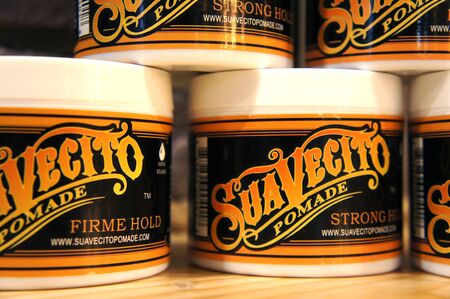 trendy barbershop styling. gel for male styling - SuaVecito. SuaVecito pomade strong firme hold.のeditorial素材