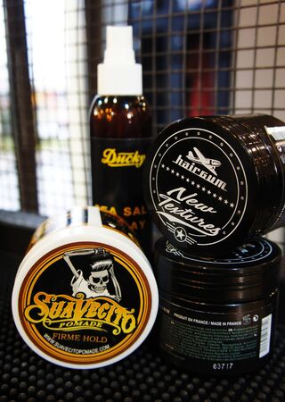 pomade strong firme hold. trendy barbershop styling. gel for male styling - SuaVecito, hairgum, ducky.のeditorial素材