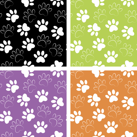 Duplicate patterns and textures can be used for printing onto fabric, web page background and paper. Set of multicolored vector backgrounds with paw print.のイラスト素材