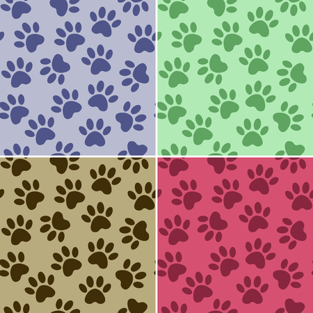Duplicate patterns and textures can be used for printing onto fabric, web page background and paper. Set of multicolored vector backgrounds with paw print.のイラスト素材