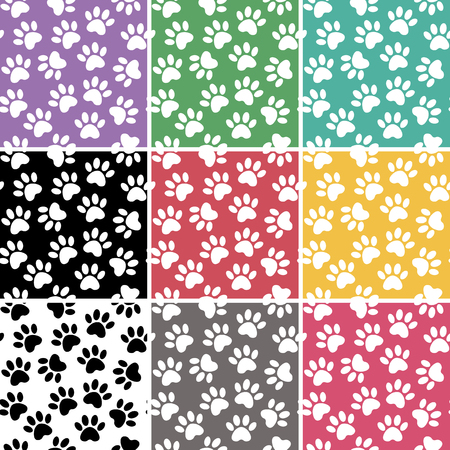 Duplicate patterns and textures can be used for printing onto fabric, web page background and paper. Set of multicolored vector backgrounds with paw print.のイラスト素材