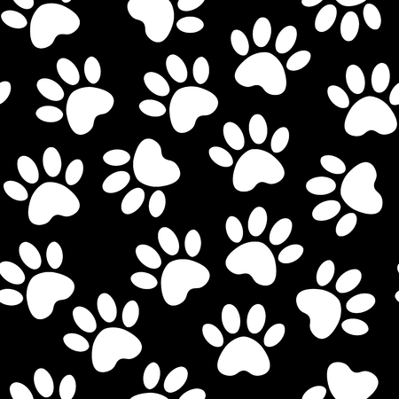 backdrop with silhouettes of cat or dog footprint. Vector illustration animal paw track pattern. Paw black print seamless.のイラスト素材