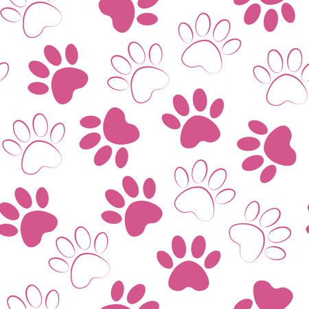 backdrop with silhouettes of cat or dog footprint.crimson Vector illustration animal paw track pattern. Paw pink print seamless.のイラスト素材
