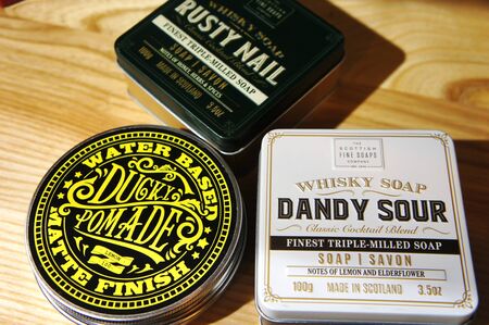 dandy sour and rusty nail. Whisky Cocktail Soaps in a Tin. Scottish Fine Soaps. ducky pomadeのeditorial素材