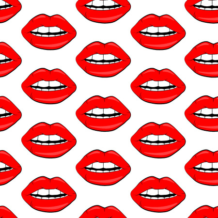 Sexy vector lip background. cartoon style. Cosmetics and makeup lips seamless pattern. beautiful lips of woman with red lipstick and gloss.のイラスト素材