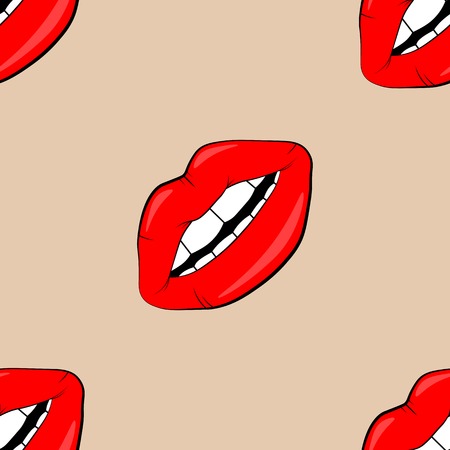 Sexy vector lip background. cartoon style. Cosmetics and makeup lips seamless pattern. beautiful lips of woman with red lipstick and gloss.のイラスト素材