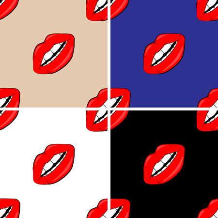 Sexy vector lip background. cartoon style. Cosmetics and makeup lips seamless pattern. beautiful lips of woman with red lipstick and gloss.のイラスト素材