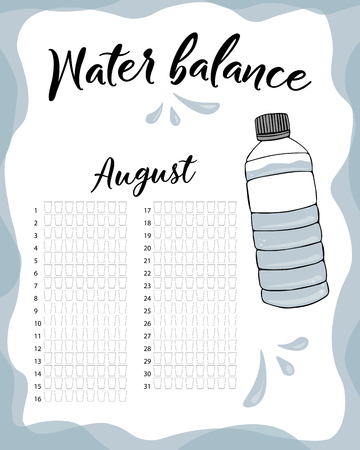 Water consumption per week and month August. Water balance vector calendar. Water monthly tracker.のイラスト素材
