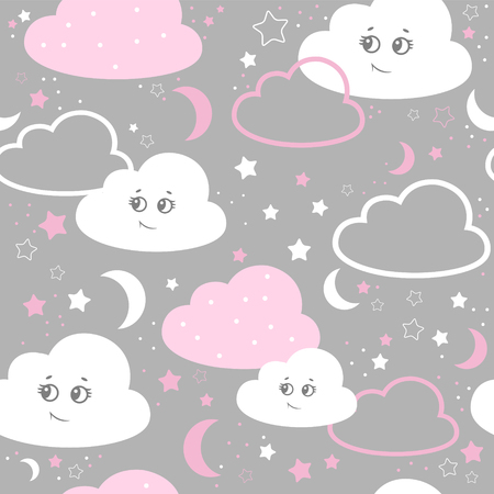 vector illustration baby seamless pattern. Children seamless pattern with cute pink clouds, stars on a gray background.のイラスト素材