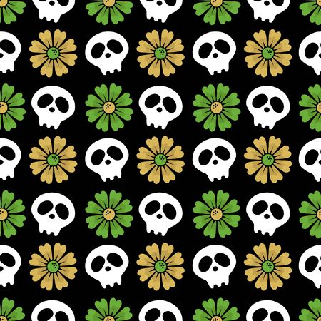 Vector seamless black background with flowers and skulls. just festive flat background. Day of the dead. Happy Halloween.のイラスト素材