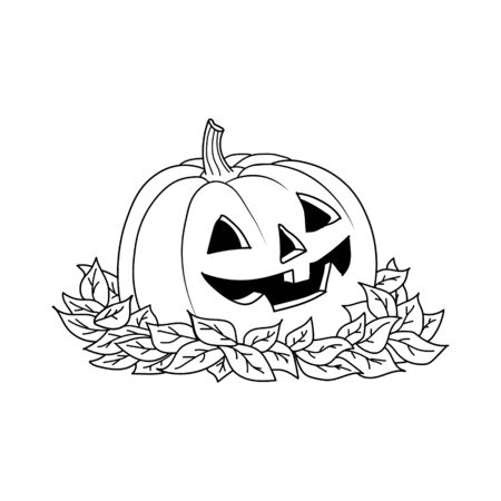 sketch pumpkin with leaves. Pumpkin vector drawing. Isolated outline pumpkin halloween. Hand drawn illustration. Happy Halloweenのイラスト素材