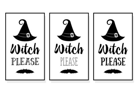 set of halloween poster lettering Witch please. Vector illustration witch hat. Witches black hat. Halloween lettering on silhouette hat.のイラスト素材