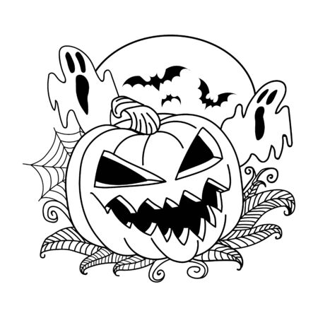 Pumpkin vector drawing. Isolated outline pumpkin halloween. Hand drawn harvest illustration. Happy Halloween. sketch pumpkin with haunted, bats, spider web.のイラスト素材