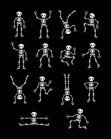 Skeletons dancing. Funny dancing skeleton vector illustration background. the day of the Dead. running and jumping white skeletons. Happy Halloween.のイラスト素材