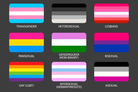 Set of LGBT Pride Flags. Gays, lesbians, asexuals, transsexuals, hermaphrodites, transgender, pansexual, heterosexual, intersexual people. Sexual identity pride flags. Against discrimination Official symbols of the communityのイラスト素材