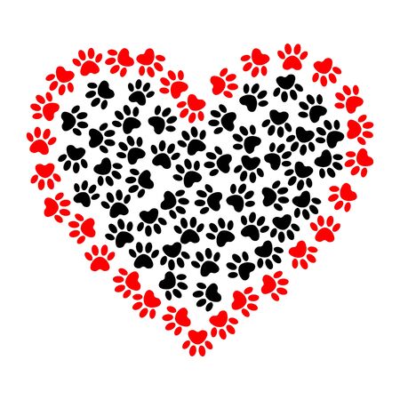 Heart shaped frame made of animal's paw prints. Dog footprints in heart shape illustration. Vector bright heart with dog paw prints symbol.のイラスト素材