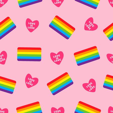 pink vector seamless pattern with gay flag. Colorful seamless pattern with heart and LGBT flag. LGBT pride symbol. Design element for fabric, banner, wallpaper or gift wrap, poster.のイラスト素材