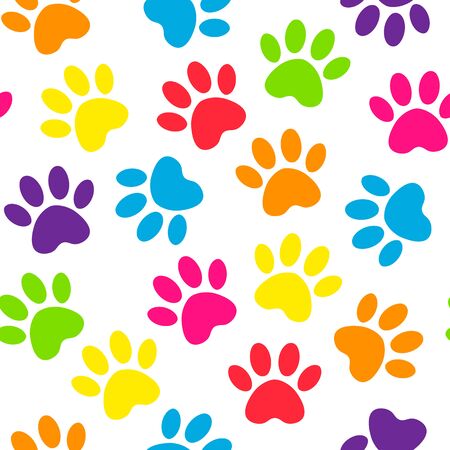 backdrop with silhouettes of cat or dog footprint. Paw print multicolored seamless. Vector illustration animal paw track pattern.のイラスト素材