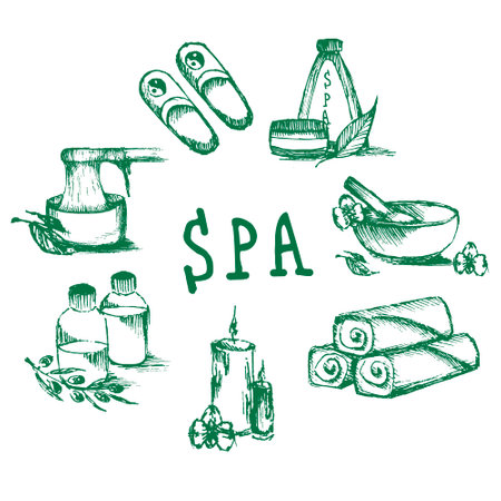 Illustrations set for spa salon. Candles, oils, depilation. Beauty therapy and spa relaxation for wellness vector. Hand drawn set of spa attributes.のイラスト素材