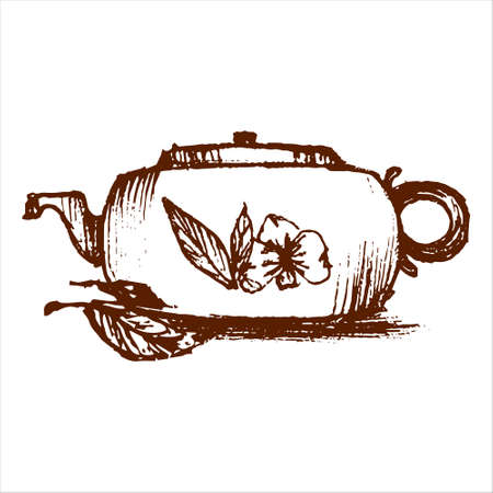 Tea shop banner. design Green tea card. Sketch graphics illustration. Vector sketch of tea service. kettle doodle icon vector hand drawing. Vector hand draw.のイラスト素材