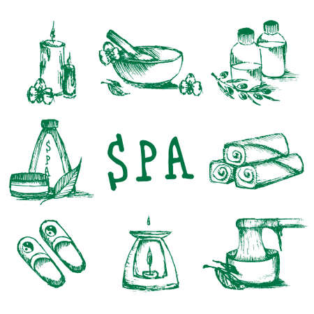 Illustrations set for spa salon. Candles, oils, depilation. Beauty therapy and spa relaxation for wellness vector. Hand drawn set of spa attributes.のイラスト素材
