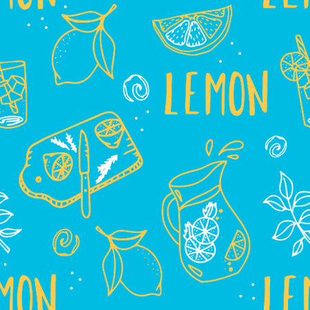Vector lemonade pattern. seamless pattern with lemon. repeated background. Vector bright print for fabric or wallpaper, menu, textile, party.のイラスト素材