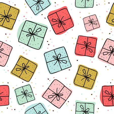 gift boxes vector pattern seamless. background with gift boxes with bows. Illustration for greeting cards, wrapping paper, invitations, posters. cute hand drawn gift boxes.のイラスト素材