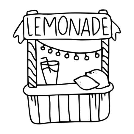 Lemonade stand. Lemonade sale on white background. Vector doodle illustration. street food.のイラスト素材