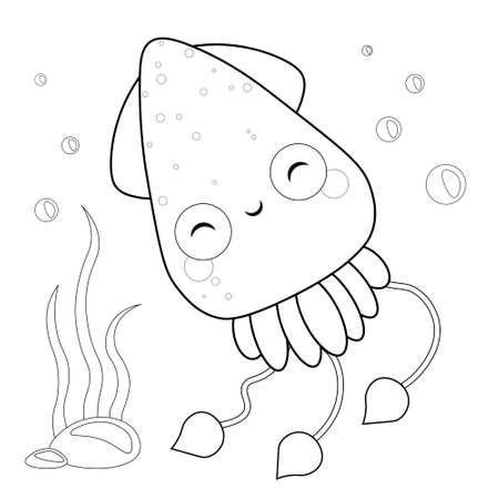 Illustration Featuring an Coloring. Cute squid Coloring Page Vector Illustration isolated on White. sea life Coloring Page.のイラスト素材