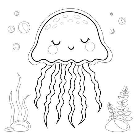 Illustration Featuring an Coloring. Cute Jellyfish Coloring Page Vector Illustration isolated on White. sea life Coloring Page.のイラスト素材