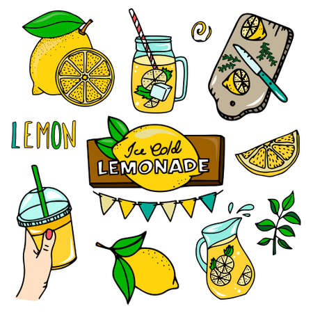 Summer set with lemonade and its ingredients. Lemon, lemon slice, pitcher, glass. Takeaway drinks, lemonade tradeのイラスト素材