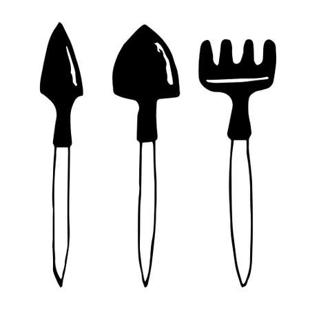 Hand-drawn doodle Gardening tools isolated. Vector illustration of a shovel and rake.のイラスト素材