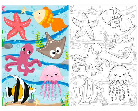 vector coloring book marine life. coloring page sea life. Underwater world with fish, algae, squid, octopus, starfish, jellyfish.のイラスト素材