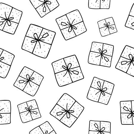 gift boxes vector pattern seamless. background with gift boxes with bows. Illustration for greeting cards, wrapping paper, invitations, posters. cute hand drawn gift boxes.のイラスト素材