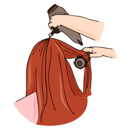 Cutting hair at the hairdresser. Getting a haircut vector illustration. Professional hairdresser makes hair styling for a girl.のイラスト素材
